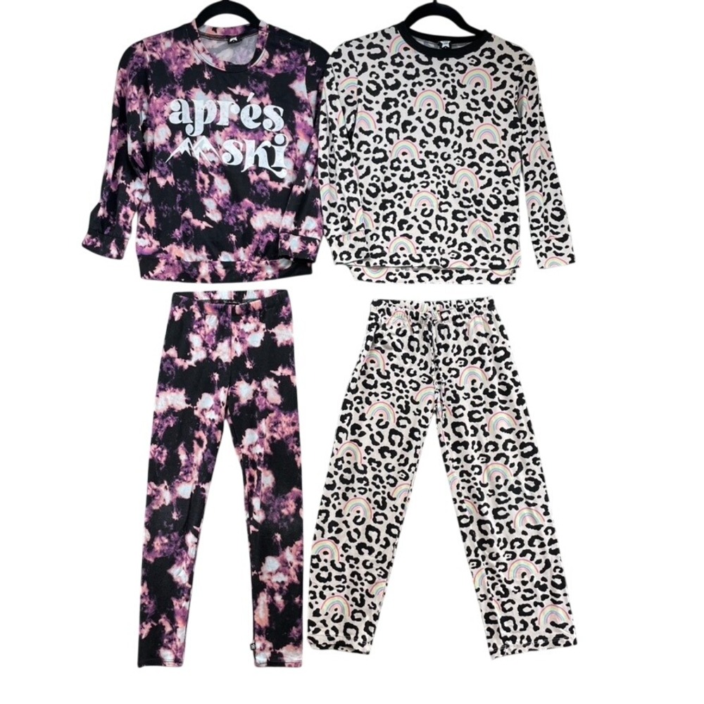 Pixie Lane Pajama Set Girls 8 Purple Leopard Tie Dye Apres Ski Rainbow Sleepwear
